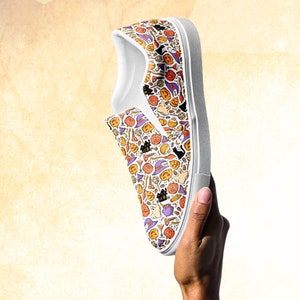 Halloween Shoes for Teachers - Slip-on canvas shoes for women - Ghosts, pumpkins, haunted houses, black cats, Halloween print - Spooky shoes