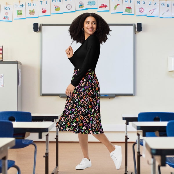 Black and Rainbow Alphabet Long Sleeve Midi Dress for Teachers - Teacher dress with pockets - ABCs dress - Knee length dress for women