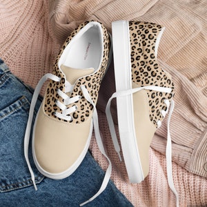 Leopard Print Lace-Up Sneakers for Teachers - Leopard print and beige teacher shoes - Comfortable leopard shoes for women - Black and tan