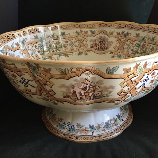 Antique Footed Centerpiece Punch Bowl FURNIVALS ENGLAND - 19 1/2"