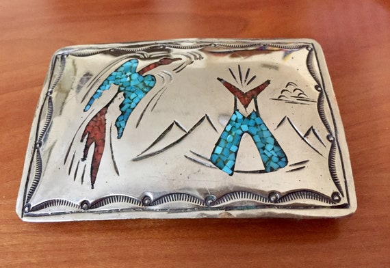 Native American Navajo Willie Nezzie Turquoise Coral Inaly Belt Buckle Navajo Sterling Silver Belt Buckle, Turquoise, Coral, Eagle  main image 4