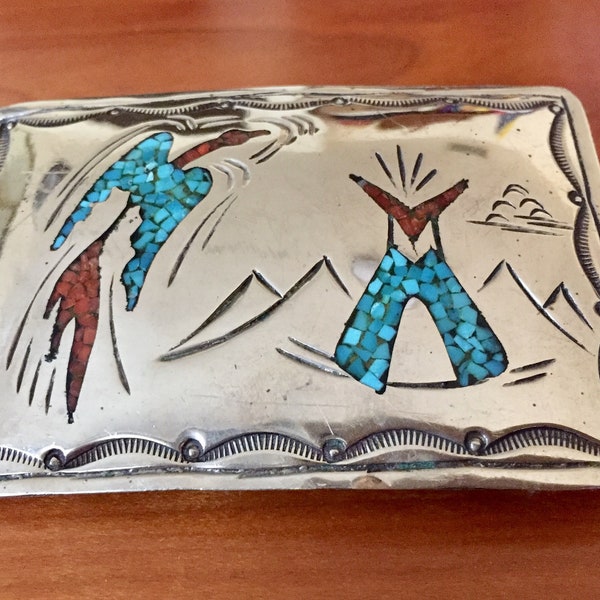 Native American Willie Nezzie Sterling Inlaid Belt Buckle