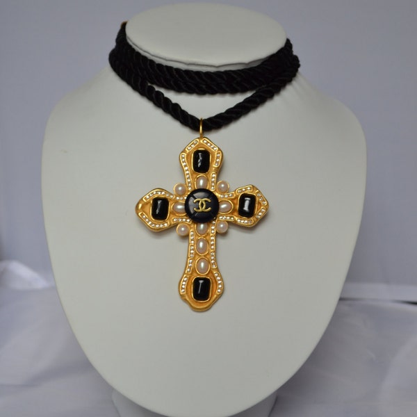 Vintage Cross Brooch Pendant with Black Cabochons, Faux Pearl & Diamante on Black Rope Necklace embellished with Authentic Designer Button