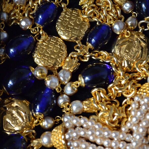 Vintage Runway Gold Plate Chain, Gripoix Glass & Faux Pearl Lariat Necklace embellished with Authentic Designer Charms