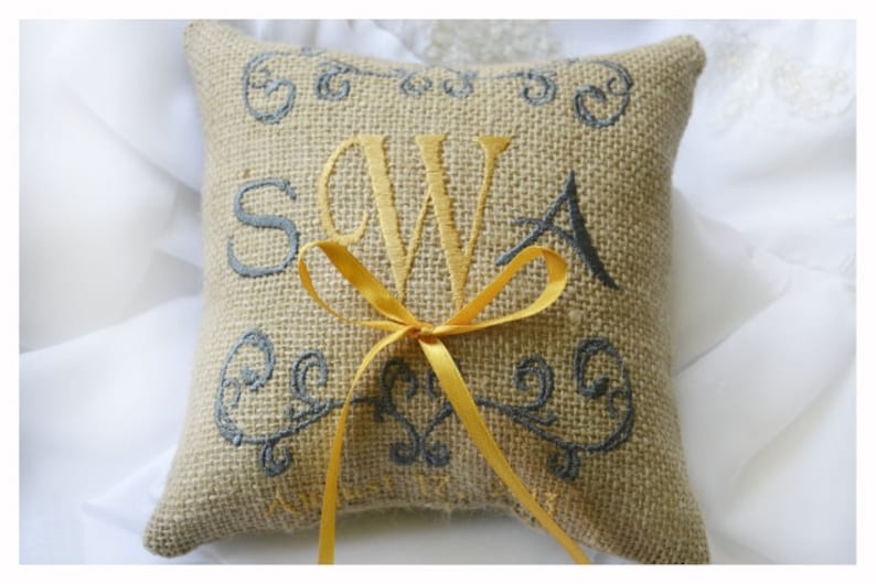 wedding ring pillow Burlap Ring bearer pillow Custom embroidered ring bearer pillow R6B Monogrammed ring pillow