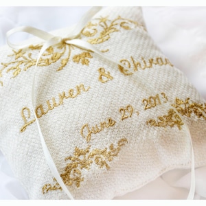 Personalized Ring bearer pillow , Linen personalized ring pillow , wedding ring pillow, Custom embroidered ring bearer pillow (R10)