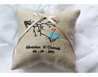 Wedding lovebirds pillow,  Ring Bearer Pillow , Linen wedding ring pillow with birds, ring bearer pillow, embroidery wedding pillow (R107)