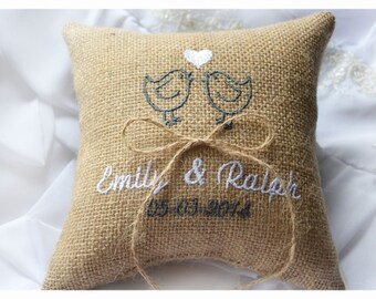 Burlap Wedding pillow , lovebirds wedding pillow , ring bearer pillow, ring bearer pillow with Custom embroidery (R40B)