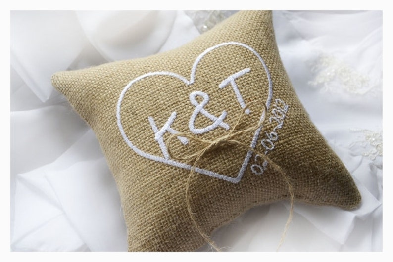 Burlap wedding pillow, wedding ring pillow , ring bearer pillow ,Heart wedding pillow, Custom embroidered ring bearer pillow R1B image 2