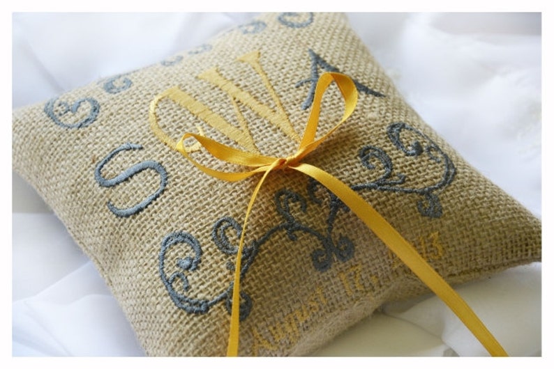wedding ring pillow Burlap Ring bearer pillow Custom embroidered ring bearer pillow R6B Monogrammed ring pillow