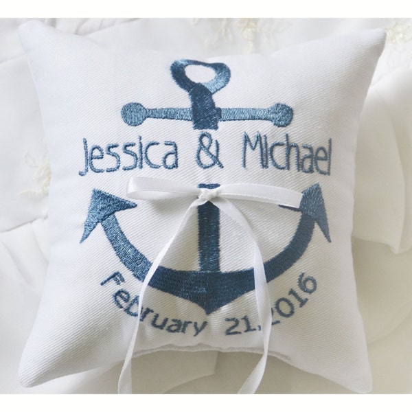 Nautical Embroidered Wedding ring pillow , anchor wedding pillow ,personalized ring pillow, ring bearer pillow ,  Custom pillow(R122)