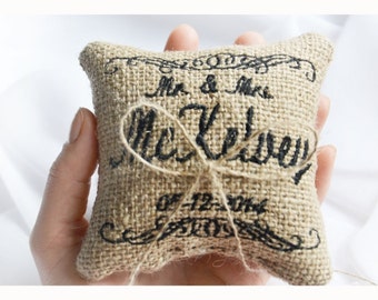 Personalized Burlap Wedding ring pillow , MR & MRS wedding pillow , ring pillow, ring bearer pillow with Custom embroidery (LR10)