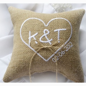 Burlap wedding pillow, wedding ring pillow , ring bearer pillow ,Heart wedding pillow, Custom embroidered ring bearer pillow R1B image 1