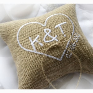 Burlap wedding pillow, wedding ring pillow , ring bearer pillow ,Heart wedding pillow, Custom embroidered ring bearer pillow R1B image 3