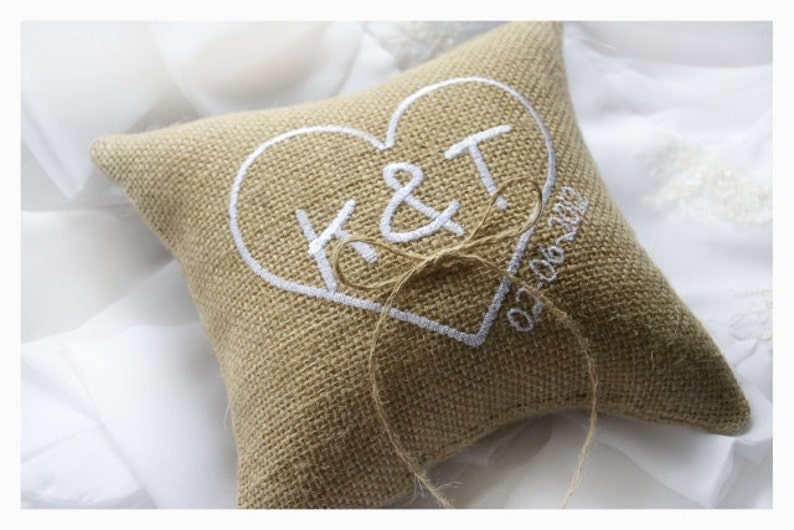 Burlap wedding pillow, wedding ring pillow , ring bearer pillow ,Heart wedding pillow, Custom embroidered ring bearer pillow R1B image 3