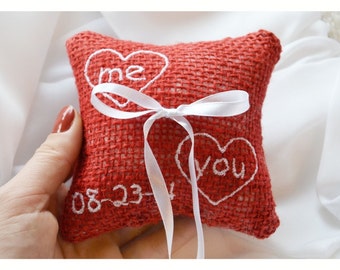 Me & You Embroidered Wedding ring pillow ,Heart wedding pillow ,personalized  ring pillow, ring bearer pillow ,Custom embroidery 4'x4'(LR17)