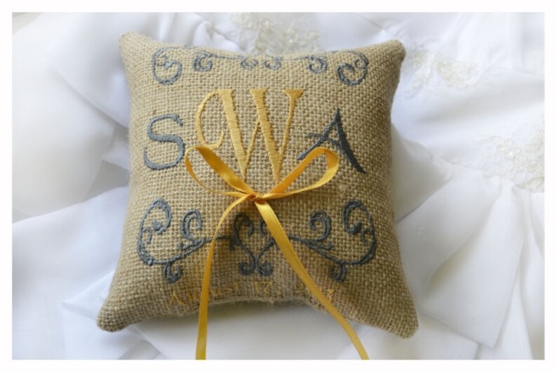 wedding ring pillow Burlap Ring bearer pillow Custom embroidered ring bearer pillow R6B Monogrammed ring pillow