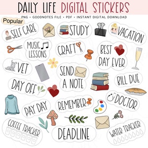 DAILY LIFE Digital Stickers for GoodNotes, Basic Pre-cropped Digital Planner Stickers, GoodNotes Stickers, Bonus Stickers image 1