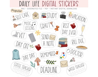 DAILY LIFE Digital Stickers for GoodNotes, Basic Pre-cropped Digital Planner Stickers, GoodNotes Stickers, Bonus Stickers
