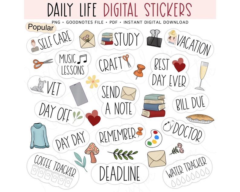 DAILY LIFE Digital Stickers for GoodNotes, Basic Pre-cropped Digital Planner Stickers, GoodNotes Stickers, Bonus Stickers image 1