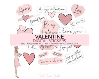 VALENTINE’S DAY Digital Stickers, Romantic Love Pre-cropped Digital Planner Stickers, GoodNotes Stickers, Bonus Stickers
