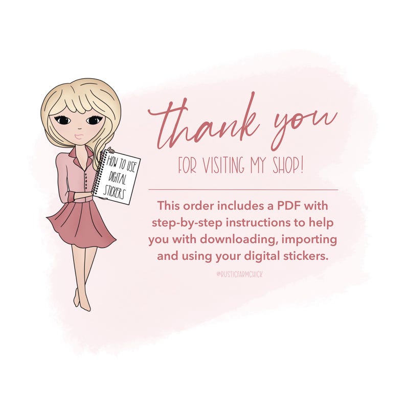 Puede incluir: Ilustraci&oacute;n de una mujer rubia con un vestido rosa sosteniendo un bloc de notas con el texto "HOW TO USE DIGITAL STICKERS". La imagen incluye el texto "thank you FOR VISITING MY SHOP!" e informaci&oacute;n sobre un PDF con instrucciones.