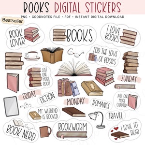 BOOKS Digital Stickers for GoodNotes, Reading Stickers, Pre-cropped Digital Planner Stickers, GoodNotes Stickers, Bonus Stickers image 1