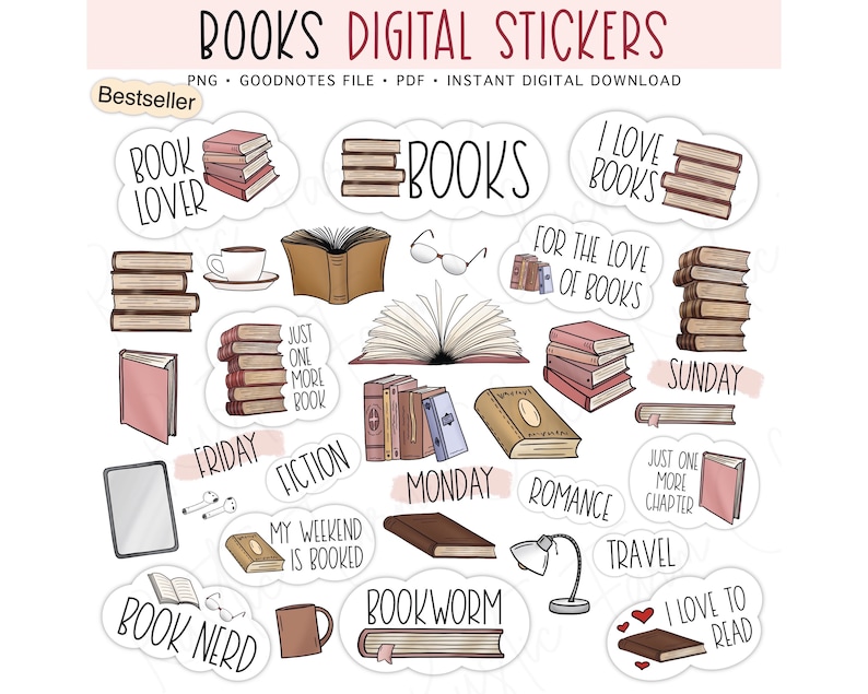 BOOKS Digital Stickers for GoodNotes, Reading Stickers, Pre-cropped Digital Planner Stickers, GoodNotes Stickers, Bonus Stickers image 1