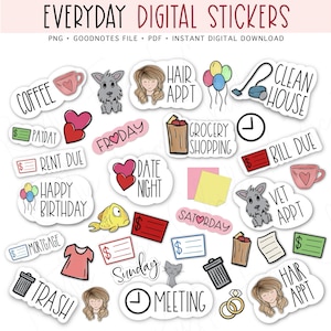 Stickers numériques EVERYDAY, 2 jeux de polices, stickers basiques pour agenda numérique prérecadrés, stickers GoodNotes, stickers bonus