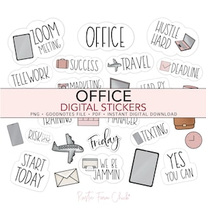 Könnte beinhalten: Eine Sammlung digitaler Sticker mit Bürothemen. Die Sticker zeigen Illustrationen eines Laptops, Tablets, Flugzeugs, einer Aktentasche und Text wie "Zoom Meeting", "Deadline" und "Yes You Can". Die Sticker sind in verschiedenen Formen und Größen.