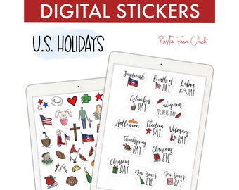 U.S. HOLIDAYS Digital Stickers, GoodNotes Stickers, American Holidays Pre-cropped Digital Planner Stickers, Bonus Stickers