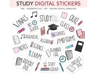 STUDY, School, Student, Pre-cropped Digital Planner Stickers, GoodNotes Stickers, Bonus Stickers