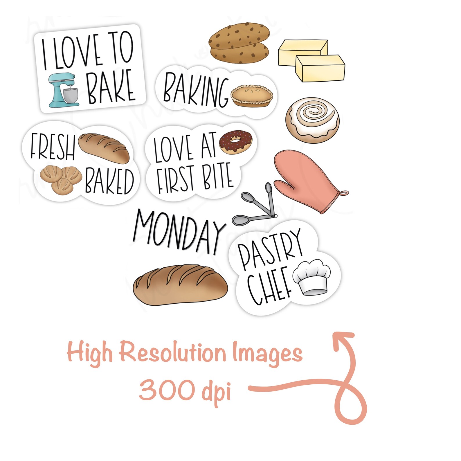 BAKING Digital Stickers, Kitchen Pre-cropped Planner Stickers, Bakery ...
