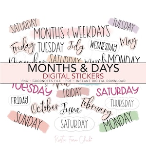 Pegatinas digitales de MESES Y DÍAS DE LA SEMANA, Calendario básico, Planificador digital precortado, Pegatinas de palabras, Pegatinas de GoodNotes, Pegatinas adicionales