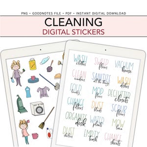 May include: Two digital tablets displaying cleaning-themed digital stickers. One tablet shows illustrated cleaning supplies and a cartoon character. The other tablet displays cleaning task labels such as "Wash Dishes" and "Sweep Floors". The text "CLEANING DIGITAL STICKERS" is at the top.
