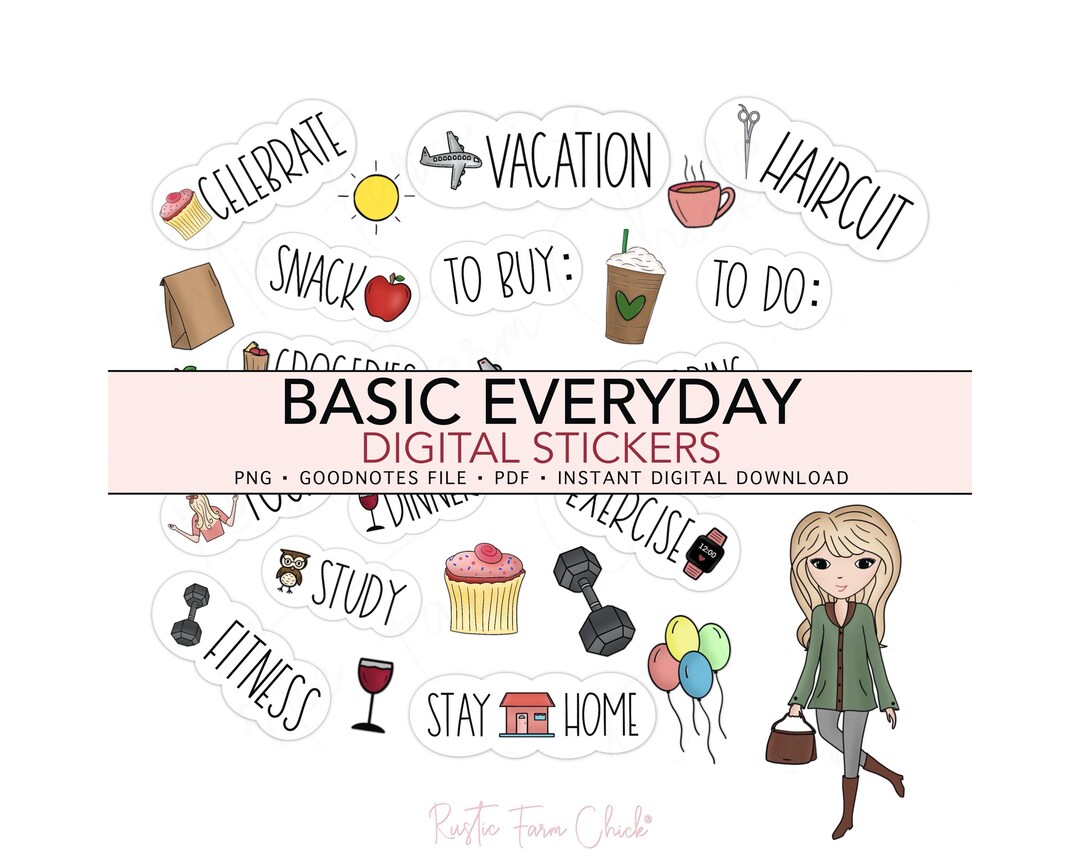 BASIC EVERYDAY Digital Stickers, Pre-cropped Digital Planner Words ...