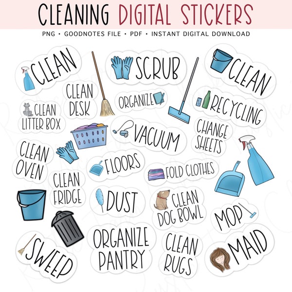 CLEANING Digital Stickers for GoodNotes, Chores Pre-cropped Digital Planner Stickers, GoodNotes Stickers, Bonus Stickers