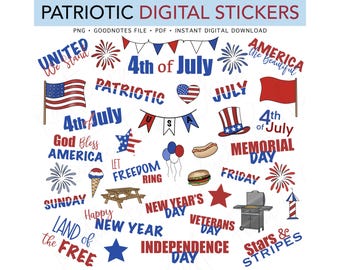 PATRIOTIC, 4th of July, America 250, Red White & Blue, Pre-cropped Digital Planner Stickers, GoodNotes, Bonus Stickers