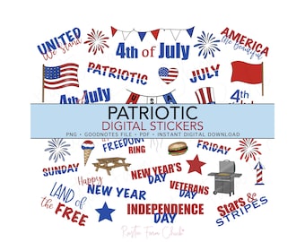 PATRIOTIC 4. Juli Digitale Planner Stickers, Rot, Weiß & Blau, GoodNotes, PNG, PDF