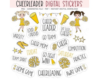 CHEERLEADER Digital Stickers for GoodNotes, Gold Cheer Pre-cropped Digital Planner Stickers, GoodNotes Stickers, Bonus Stickers