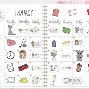 May include: A planner page for February with various stickers. Stickers include a cat, a heart-shaped mug, a vacuum cleaner, a trash can, a clock, a woman's face, a red purse, and a champagne glass. The word "February" is at the top.