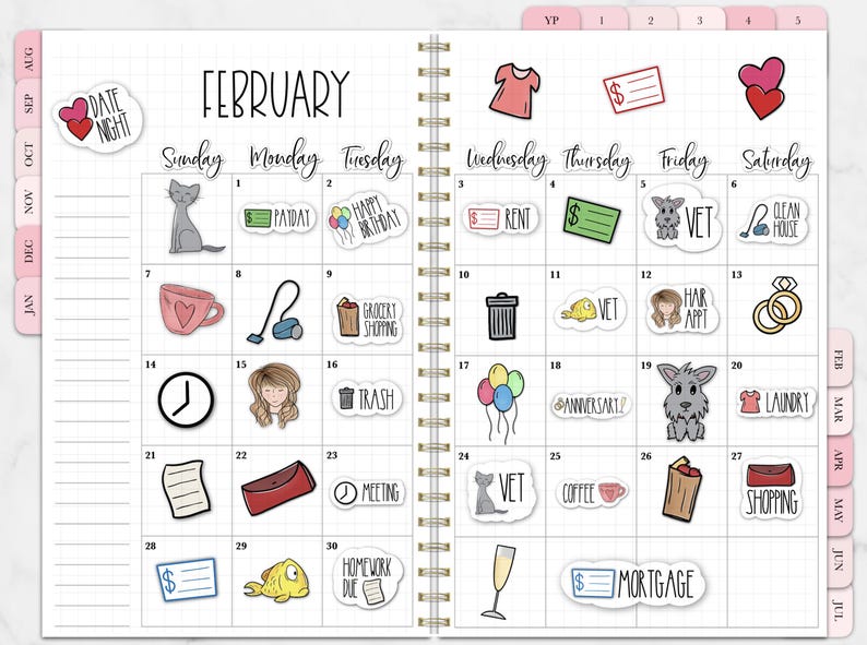 May include: A planner page for February with various stickers. Stickers include a cat, a heart-shaped mug, a vacuum cleaner, a trash can, a clock, a woman's face, a red purse, and a champagne glass. The word "February" is at the top.