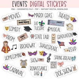 Veranstaltungen Digitale Aufkleber, Unterhaltung vorgeschnittene digitale Planer Aufkleber für GoodNotes, Kino-Konzertkarten, Bonus-Aufkleber