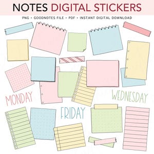 May include: Digital stickers in pastel colors, including pink, blue, yellow, and green, with the days of the week written in cursive. The stickers are designed to look like sticky notes, with some having dotted or lined patterns. The text "NOTES DIGITAL STICKERS" is at the top.