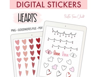 HEARTS Digital Planner Stickers, GoodNotes Stickers, Valentine Pre-cropped Digital Stickers for GoodNotes, Bonus Stickers
