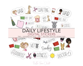 DAILY LIFESTYLE Digital Stickers, Basic Pre-cropped Digital Planner Stickers, GoodNotes Stickers, Bonus Stickers