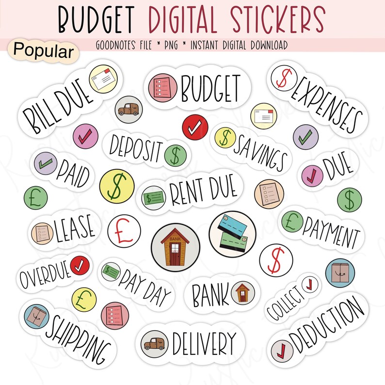 BUDGET Digital Stickers for GoodNotes, Finance Pre-cropped Digital Planner Stickers, GoodNotes Stickers, Bonus Stickers 