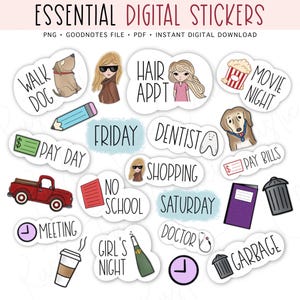 ESSENTIAL Digital Stickers, Basic Daily Pre-cropped Digital Planner Stickers, GoodNotes Stickers, Bonus Stickers