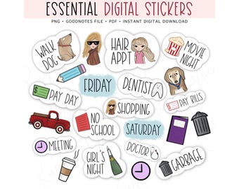 Essential Daily Planner Stickers, Pre-cropped Digital Stickers, GoodNotes Stickers