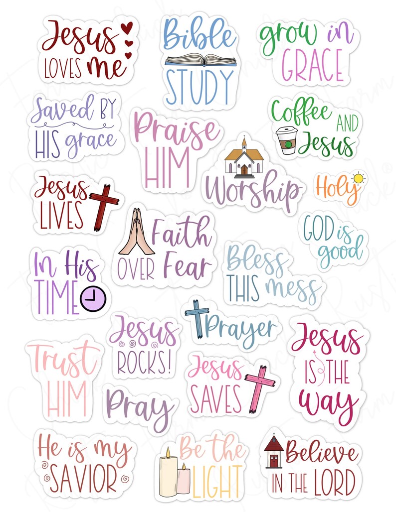 Puede incluir: Una colecci&oacute;n de pegatinas coloridas con temas religiosos. Las pegatinas presentan frases como "Jes&uacute;s me ama", "Estudio b&iacute;blico" y "Ora". Varios dise&ntilde;os incluyen cruces, una iglesia y una taza de caf&eacute;.
